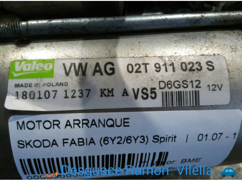 Recambio de motor arranque para skoda fabia (6y2/6y3) spirit | 01.07 - 12.07 referencia OEM IAM D6GS12 02T911023S 