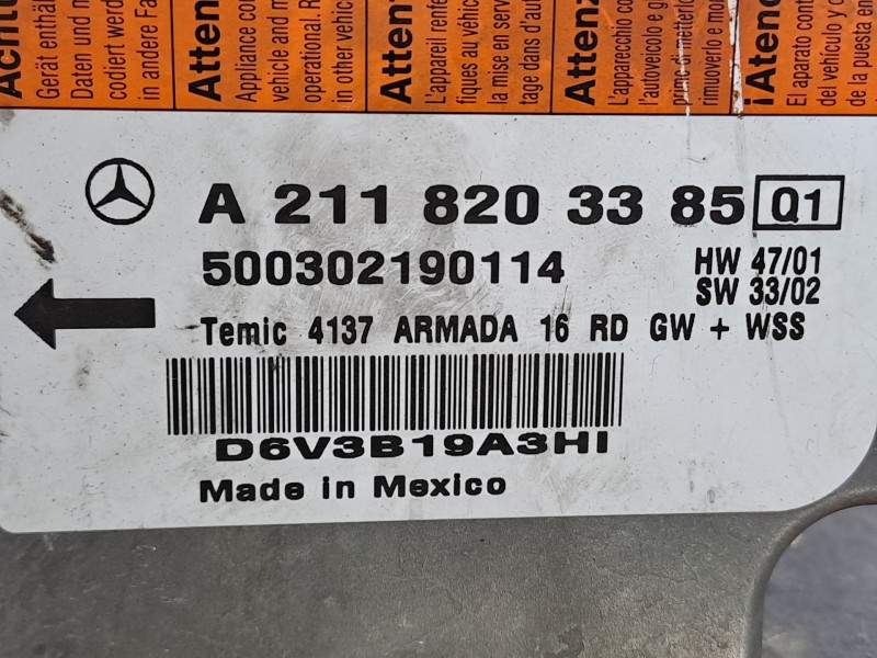 Recambio de centralita airbag para mercedes clase e (w211) berlina 2.6 cat referencia OEM IAM A2118203385 500302190114 