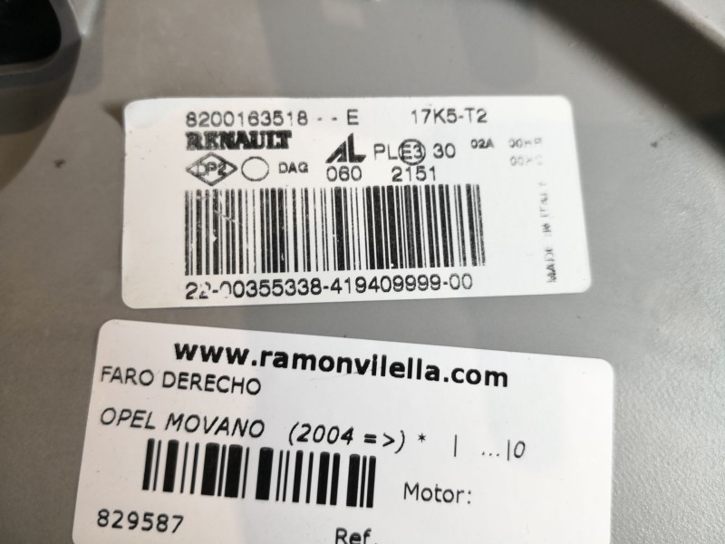 Recambio de faro derecho para opel movano (2004 =>)  | ... movano (2004 =>)  | ... referencia OEM IAM 8200163518E   Recambio de faro derecho para opel movano (2004 =>)  | ... movano (2004 =>)  | ... referencia OEM IAM 8200163518E