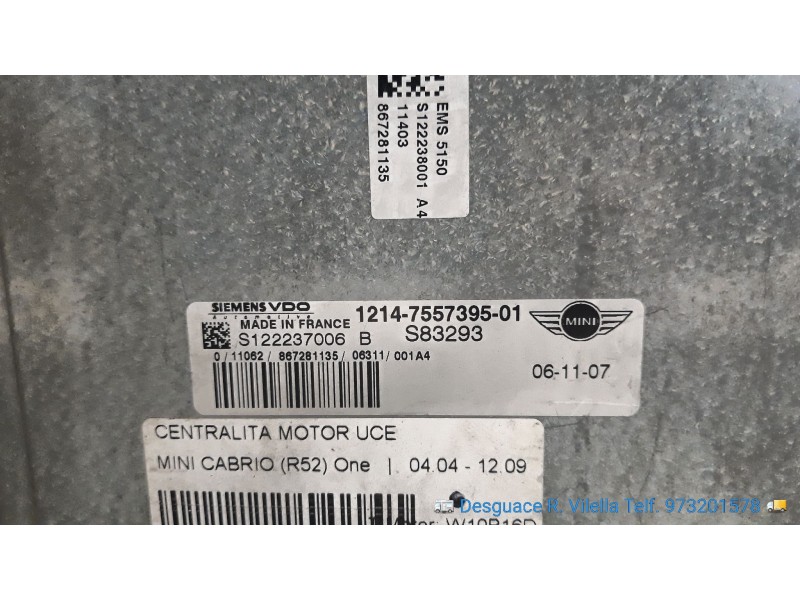 Recambio de centralita motor uce para mini cabrio (r52) one | 04.04 - 12.09 one | 04.04 - 12.09 referencia OEM IAM S122237006B 1
