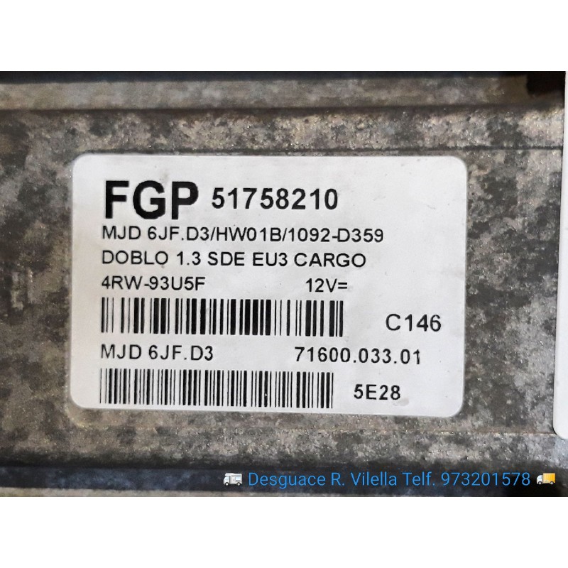 Recambio de centralita motor uce para fiat doblo (119) 1.3 16v jtd dynamic multijet | 05.04 - 12.05 1.3 16v jtd dynamic multijet