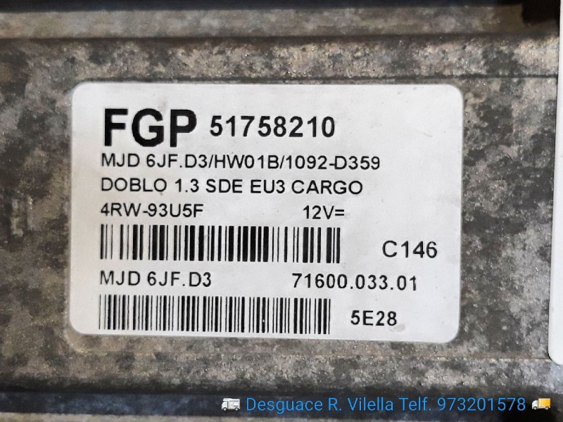 Recambio de centralita motor uce para fiat doblo (119) 1.3 16v jtd dynamic multijet | 05.04 - 12.05 1.3 16v jtd dynamic multijet