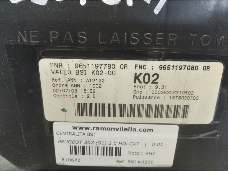 Recambio de centralita bsi para peugeot 307 (s1) 2.0 hdi cat | 0.01 - 0.05 2.0 hdi cat | 0.01 - 0.05 referencia OEM IAM BSIK0200